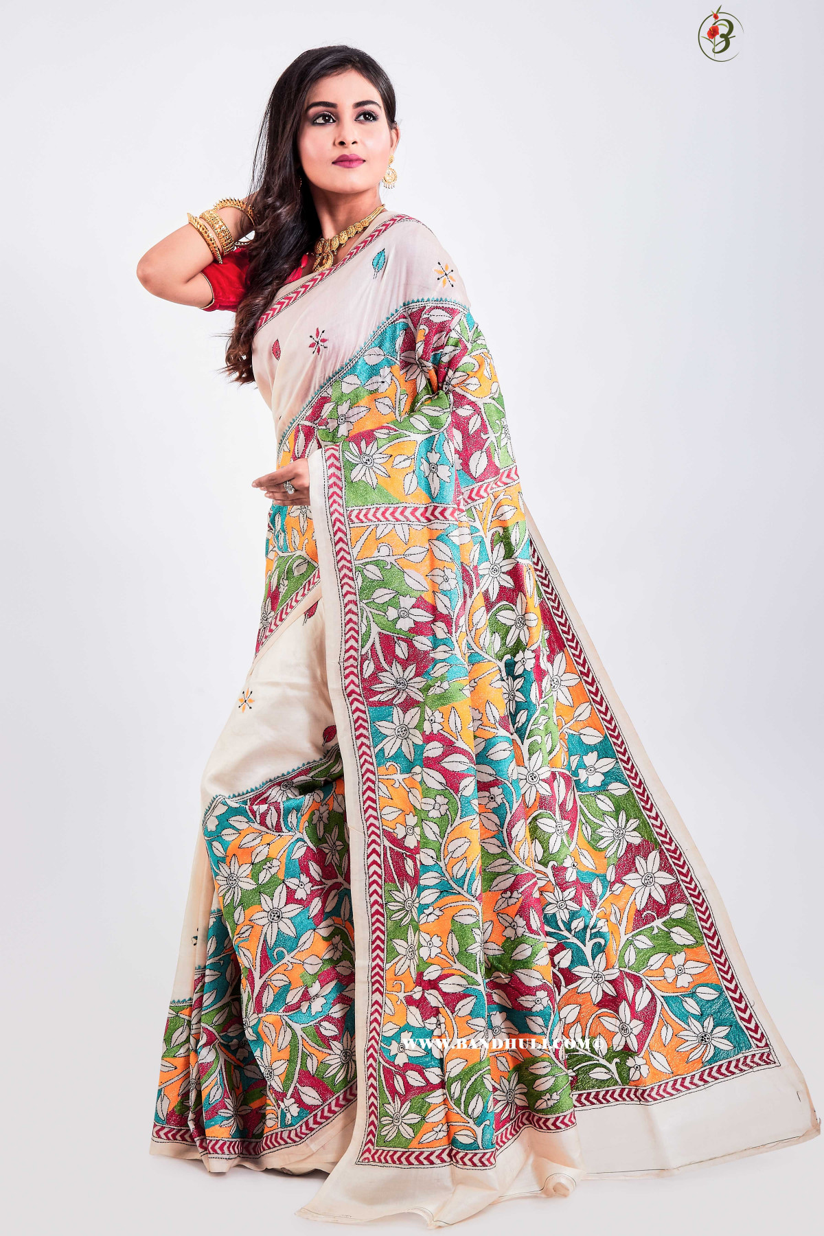 Kantha Stitch Reverse floral Tussar Saree